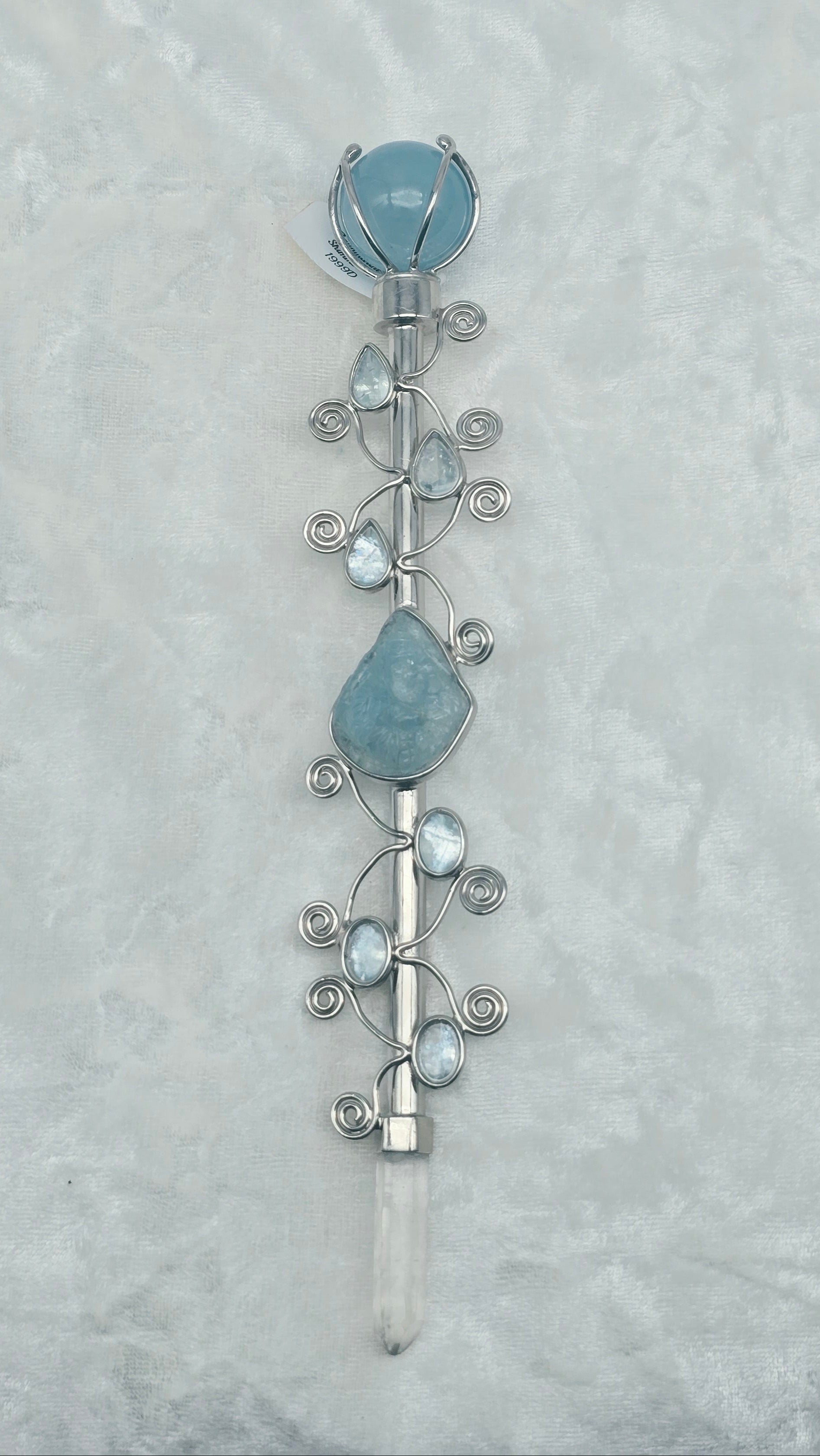 One of a Kind Magic Wand ~ Shimmerine Wand with Aquamarine Carved Ganesha and Quartz Point for Intuitive Communication and Receiving Guidance