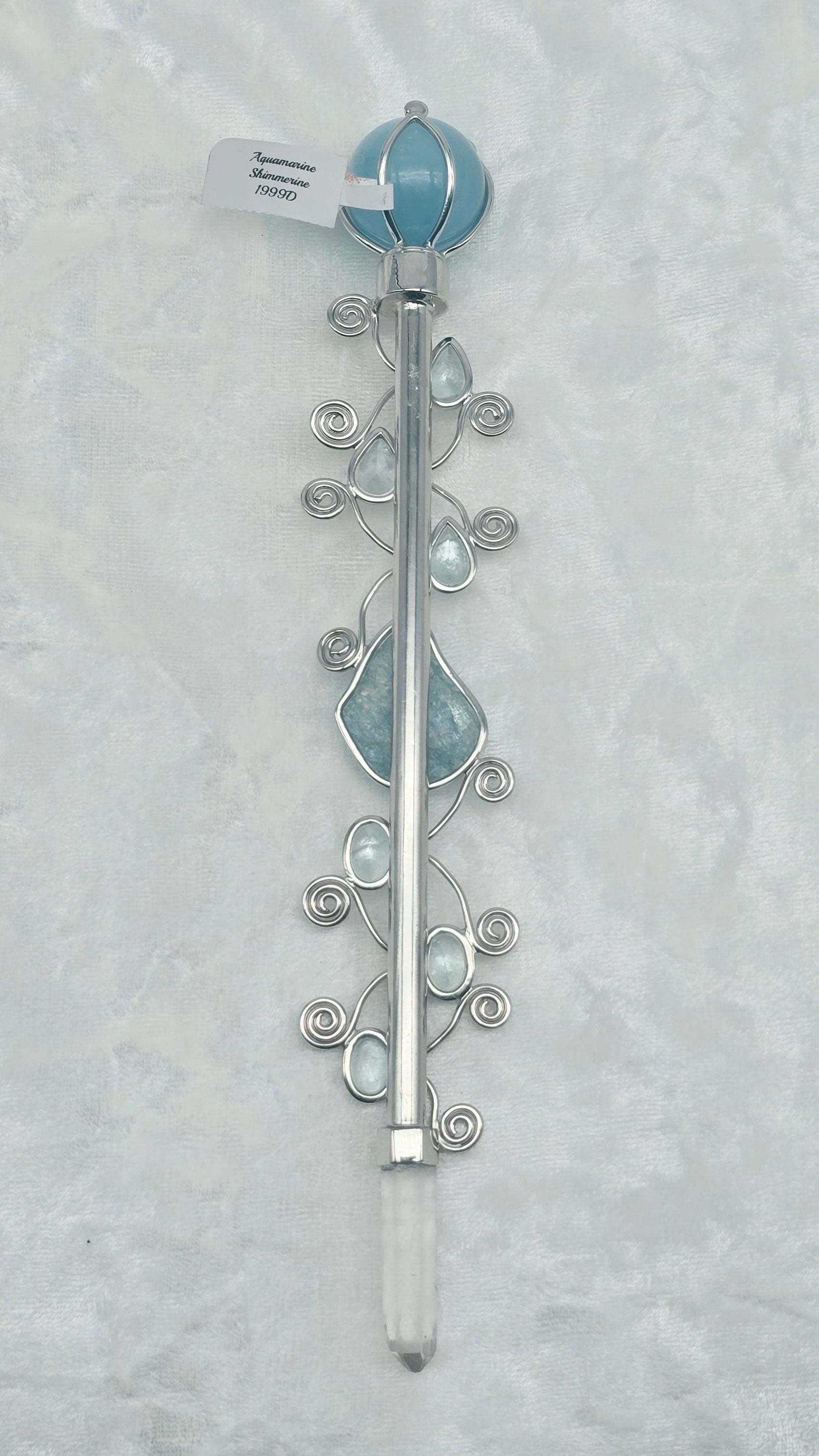 One of a Kind Magic Wand ~ Shimmerine Wand with Aquamarine Carved Ganesha and Quartz Point for Intuitive Communication and Receiving Guidance
