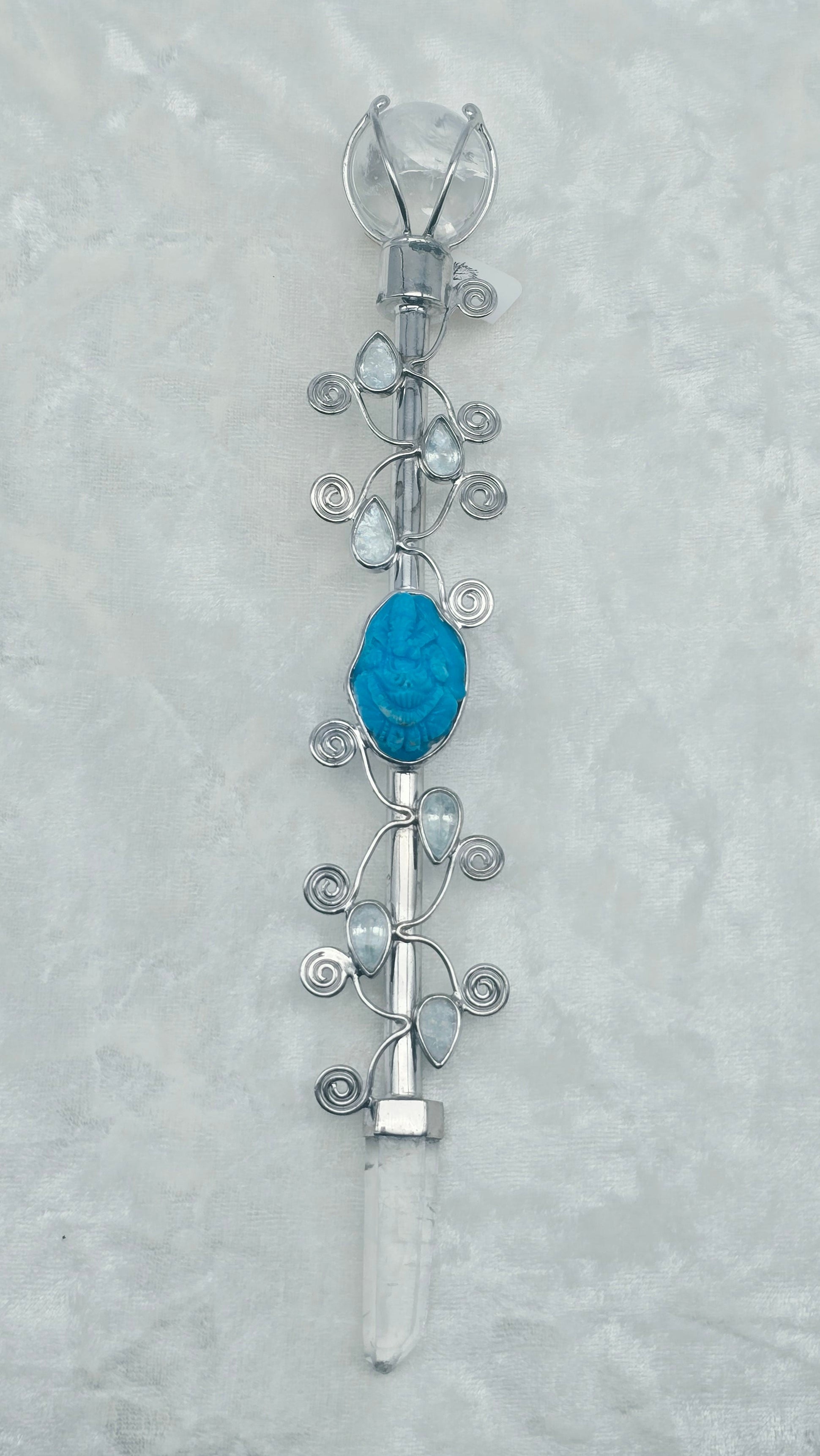 One of a Kind Magic Wand ~ Shimmerine Wand with Turquoise Carved Ganesha, Quartz Sphere and Point for Intuitive Communication and Receiving Guidance