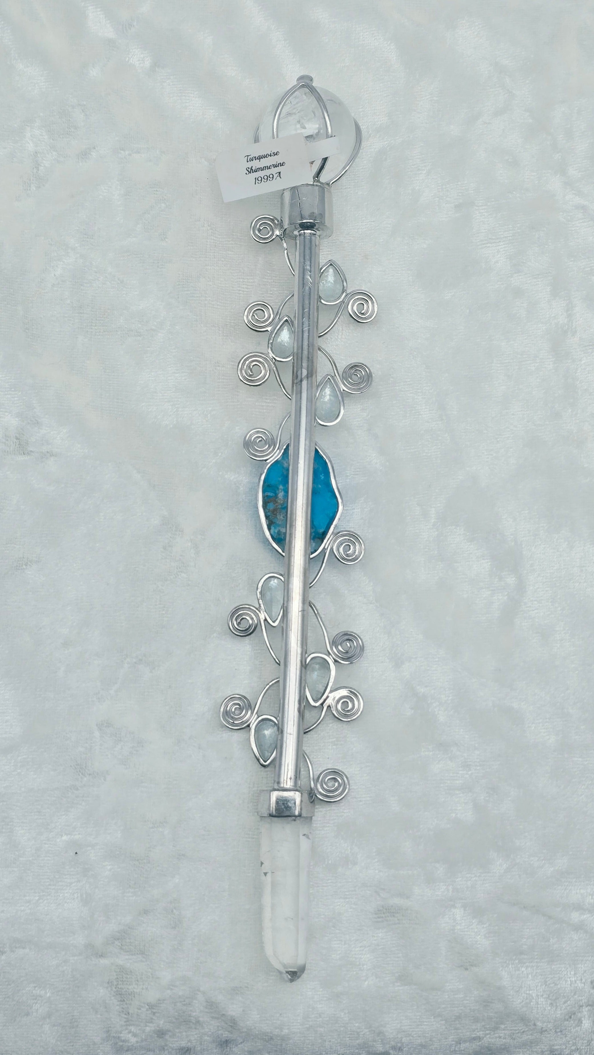 One of a Kind Magic Wand ~ Shimmerine Wand with Turquoise Carved Ganesha, Quartz Sphere and Point for Intuitive Communication and Receiving Guidance