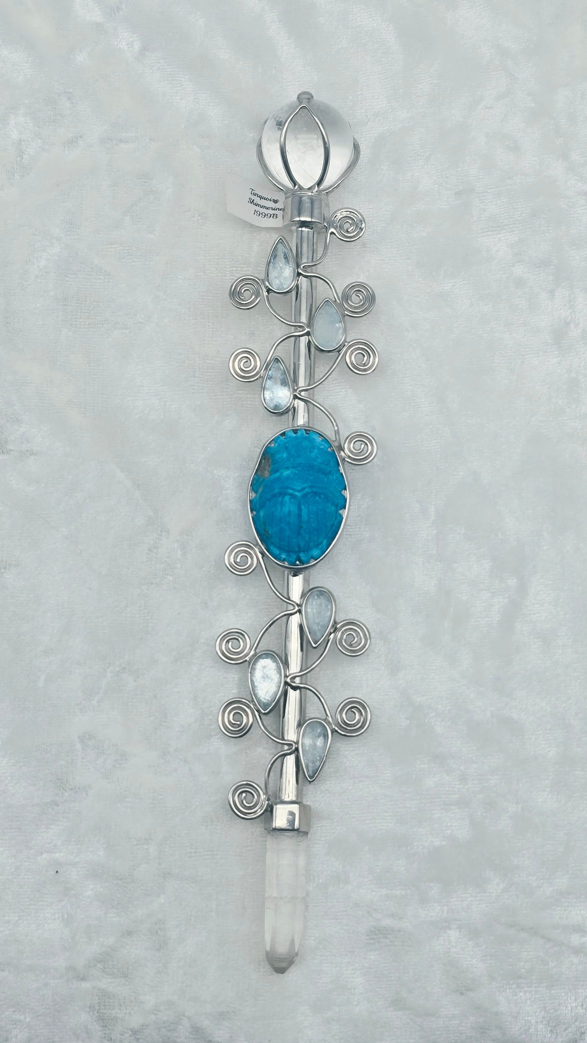 One of a Kind Magic Wand ~ Shimmerine Wand with Turquoise Carved Scarab, Quartz Sphere and Point for Intuitive Communication and Receiving Guidance