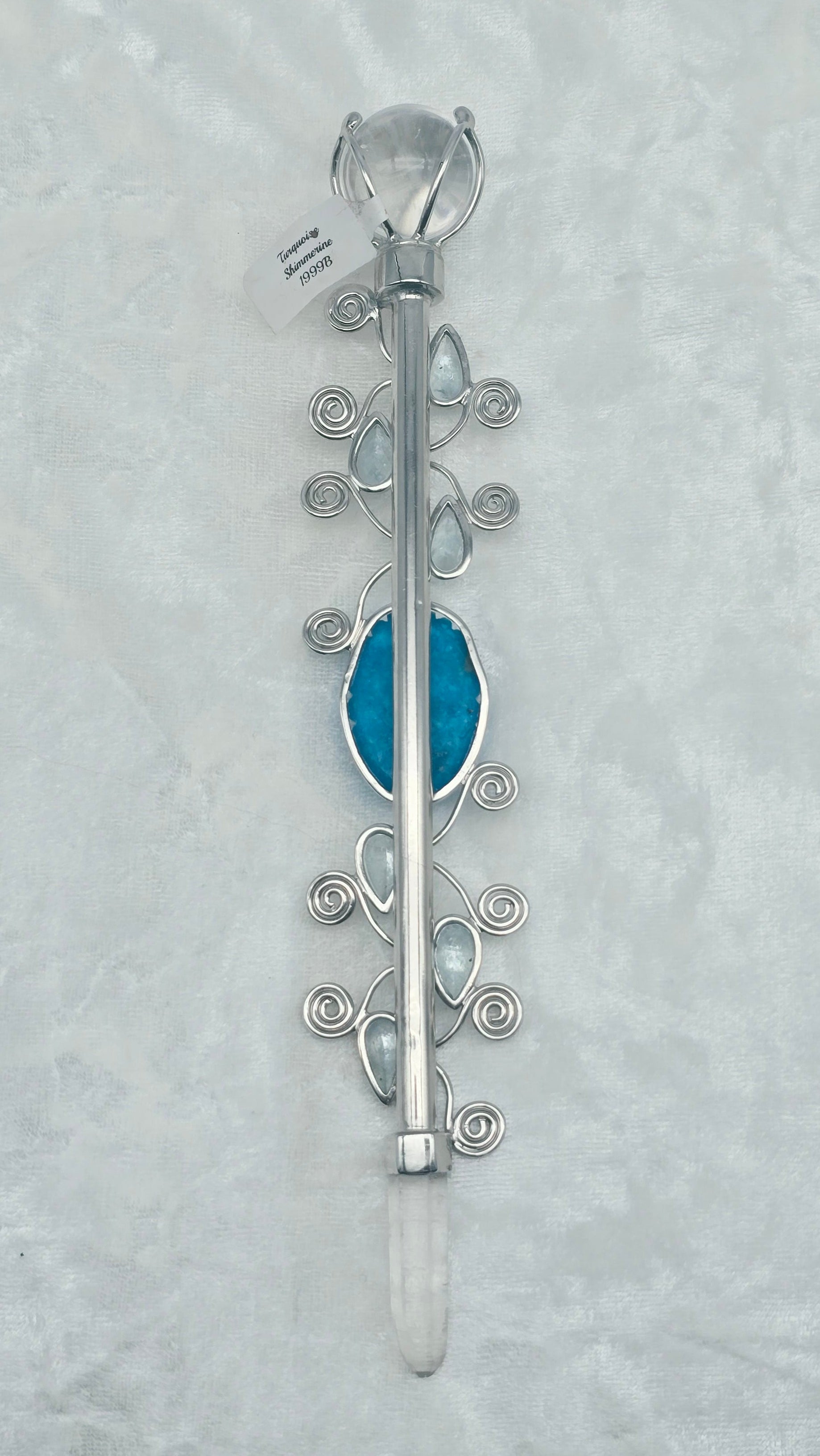One of a Kind Magic Wand ~ Shimmerine Wand with Turquoise Carved Scarab, Quartz Sphere and Point for Intuitive Communication and Receiving Guidance