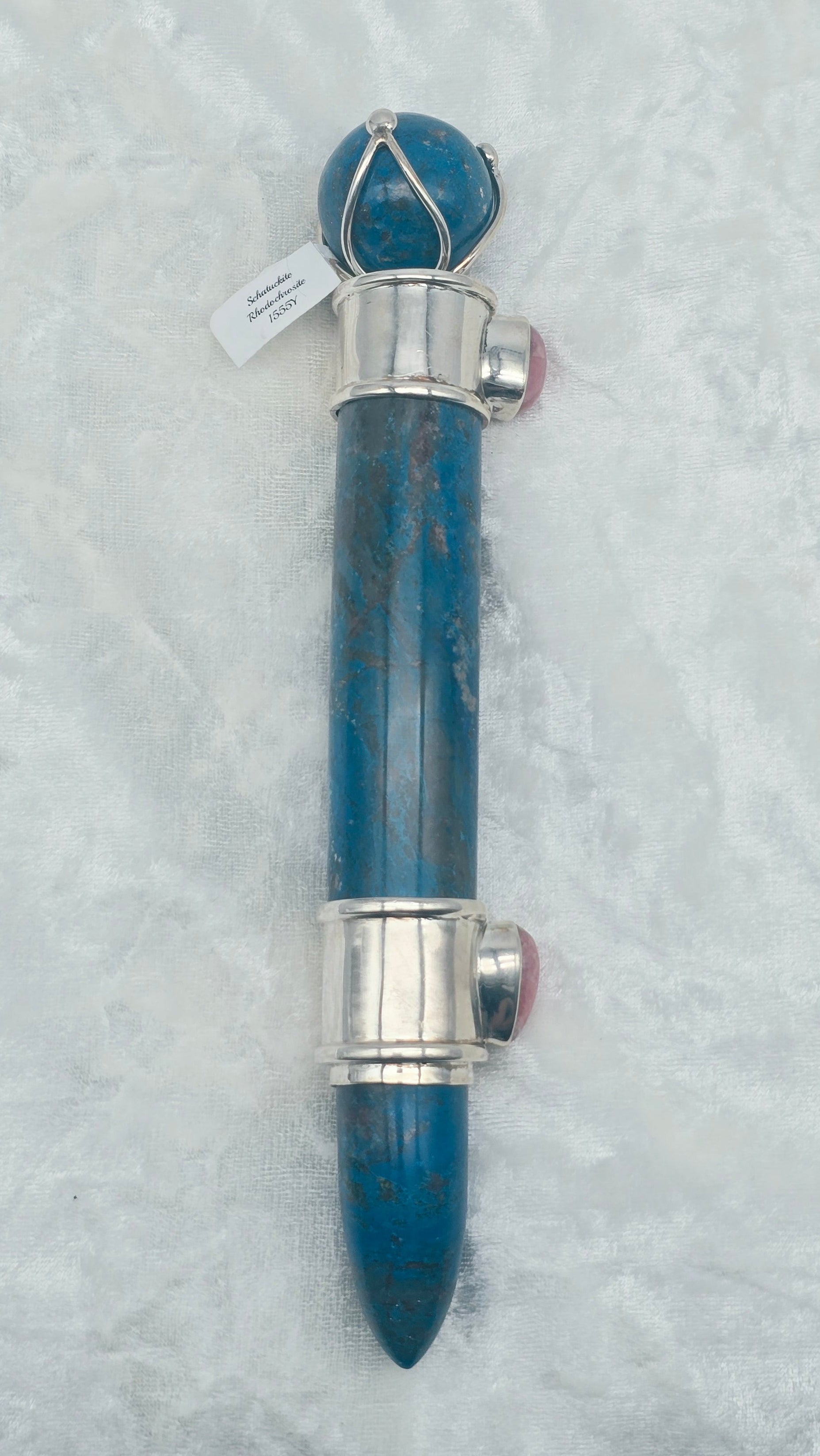 One of a Kind Magic Wand ~ Shattuckite with Rhodochrosite Gemstones for Divine Insight, Truth and Love