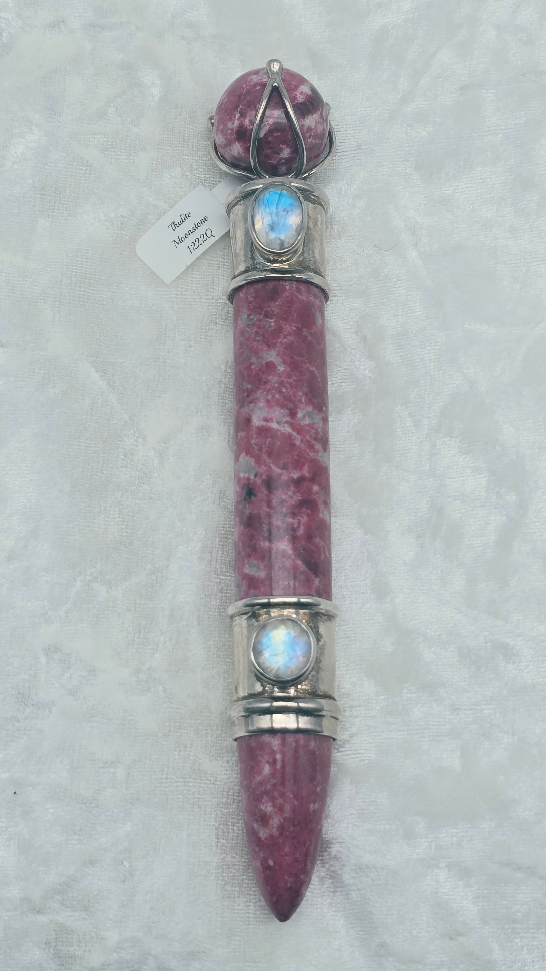 One of a Kind Magic Wand ~ Thulite with Rainbow Moonstone Gemstones for New Beginnings, Manifesting Love and Creative Expression