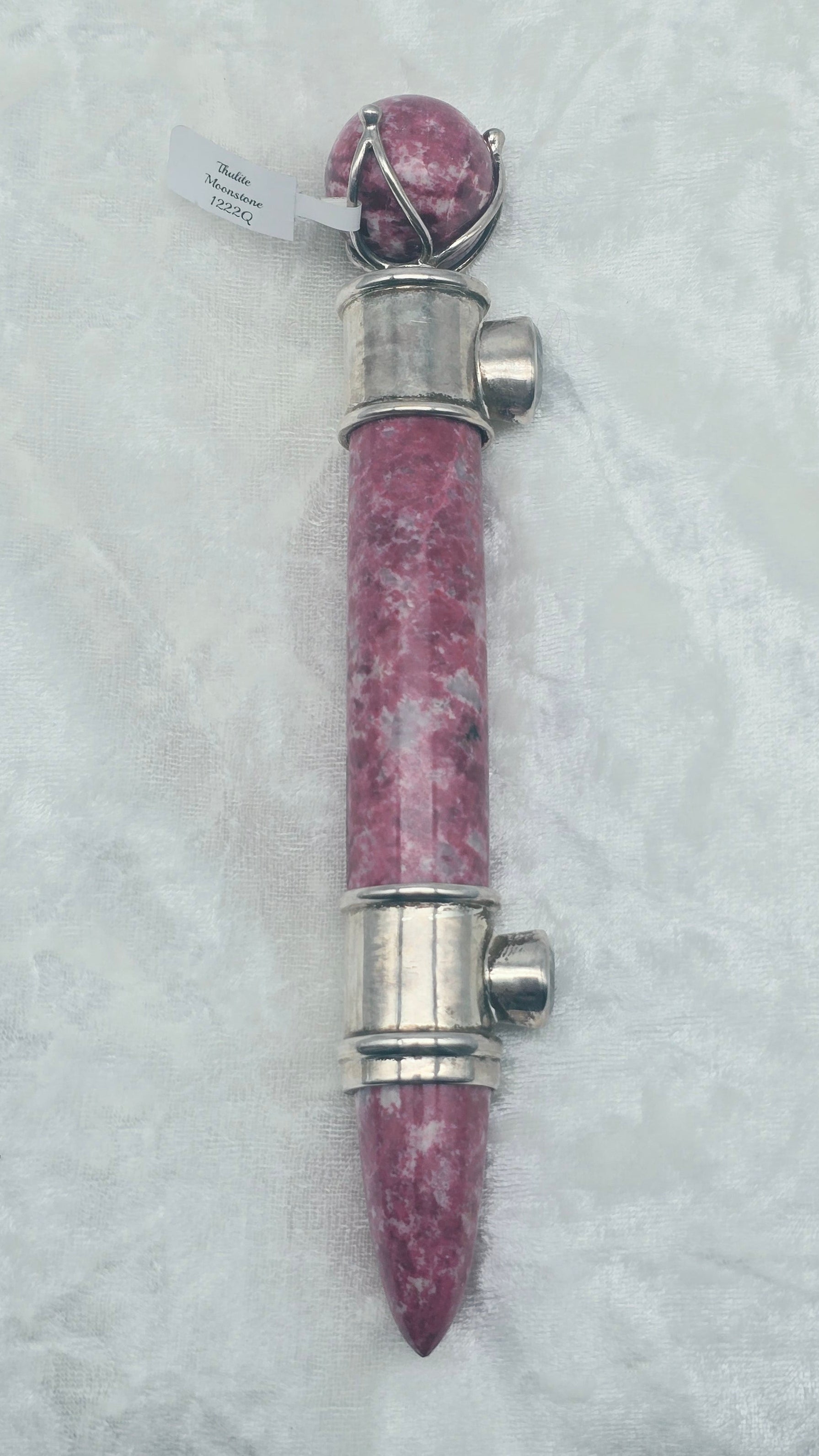 One of a Kind Magic Wand ~ Thulite with Rainbow Moonstone Gemstones for New Beginnings, Manifesting Love and Creative Expression