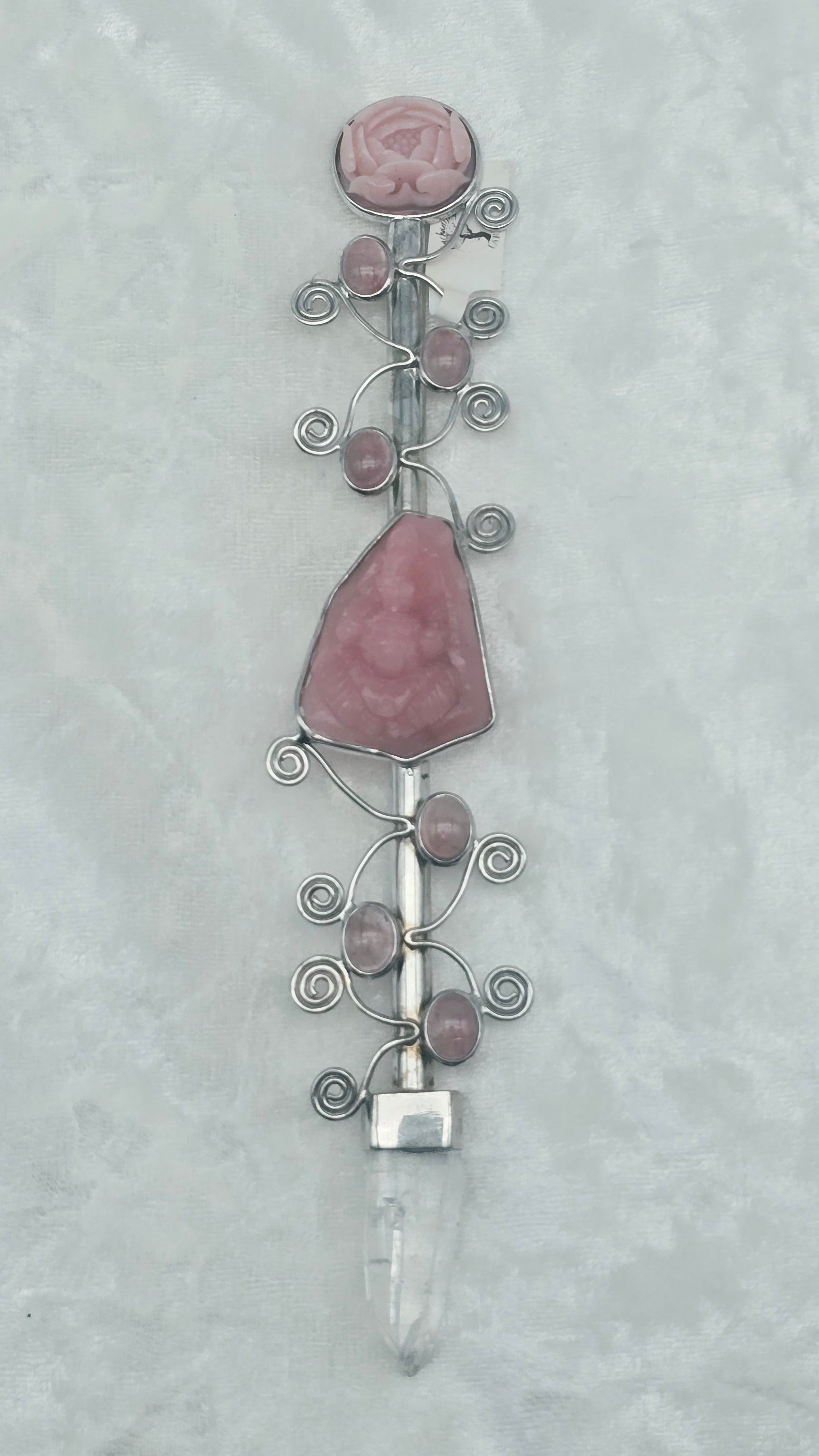 One of a Kind Magic Wand ~ Pink Tourmaline Wand with Pink Opal Carved Ganesha, Carved Rose, and Quartz Point for Intuitive Communication and Receiving Guidance