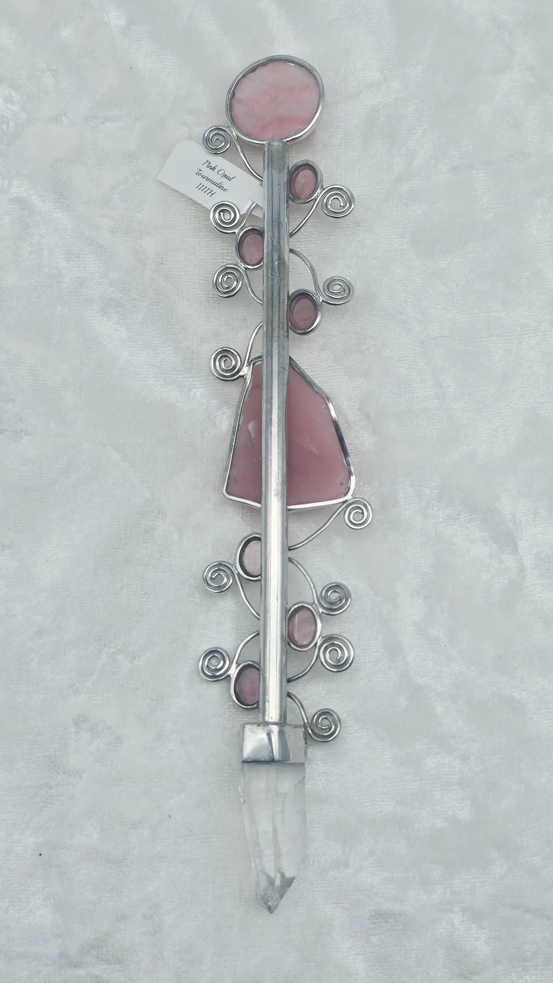 One of a Kind Magic Wand ~ Pink Tourmaline Wand with Pink Opal Carved Ganesha, Carved Rose, and Quartz Point for Intuitive Communication and Receiving Guidance