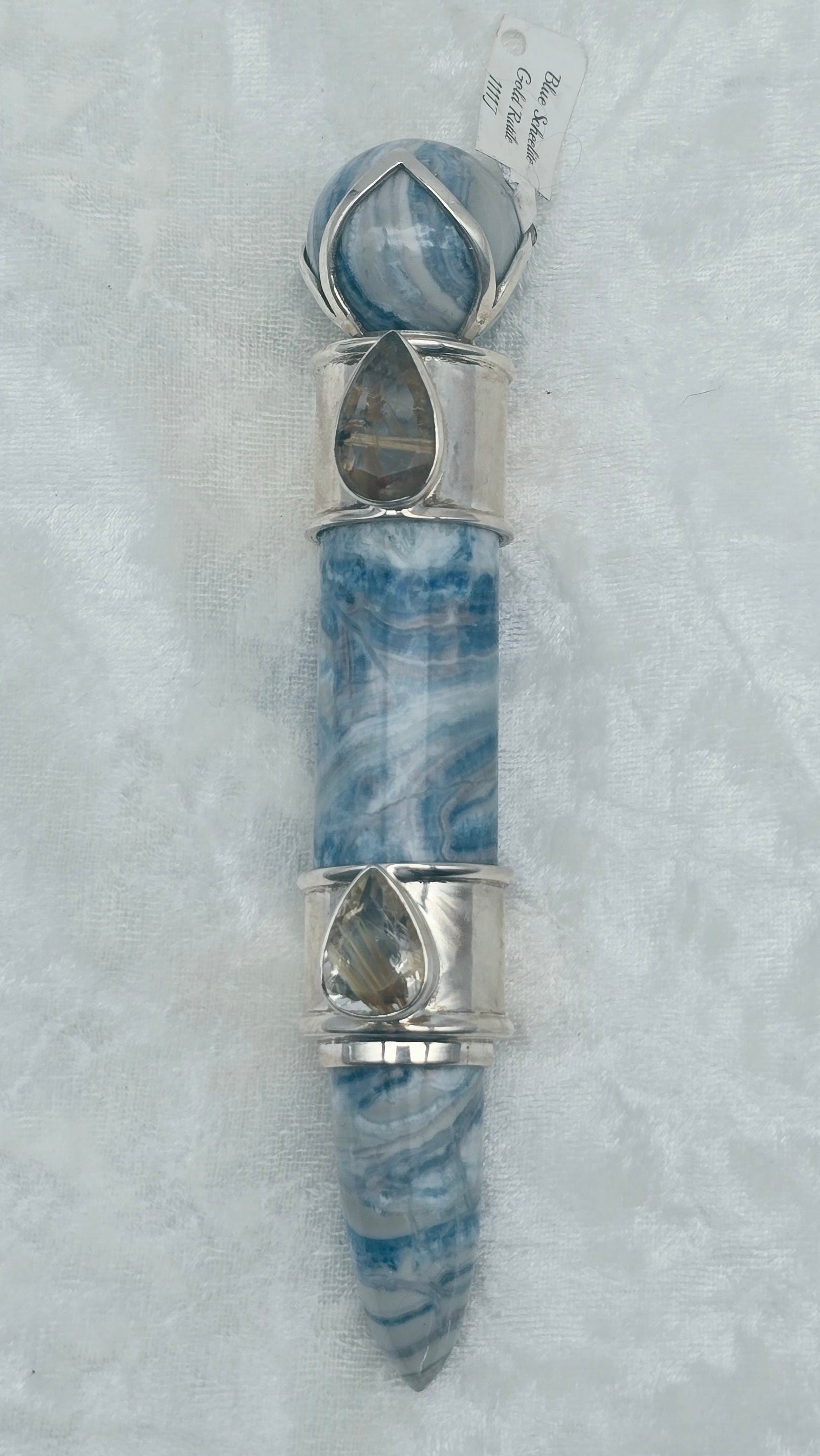 One of a Kind Magic Wand ~ Blue Scheelite with Gold Rutile Quartz Gemstones for Accelerated Manifestations, Magnetic Energy and Peace
