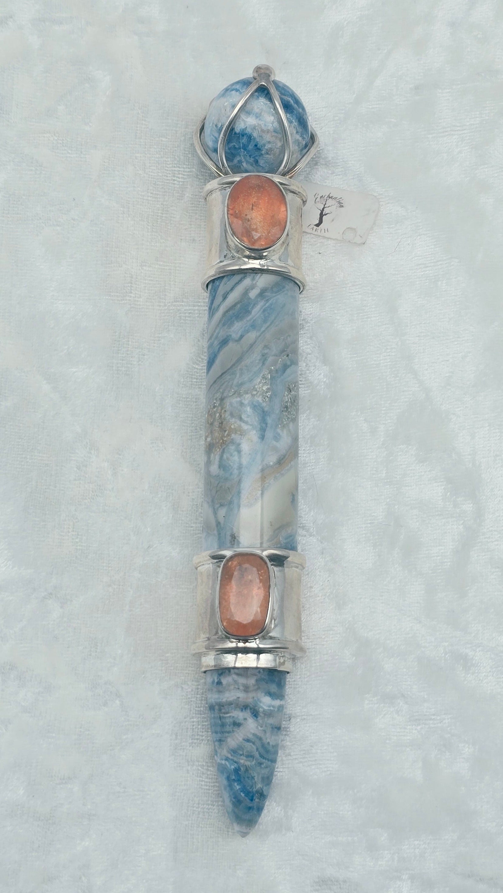One of a Kind Magic Wand ~ Blue Scheelite with Sunstone Gemstones for Confidence, Manifestation & Strength