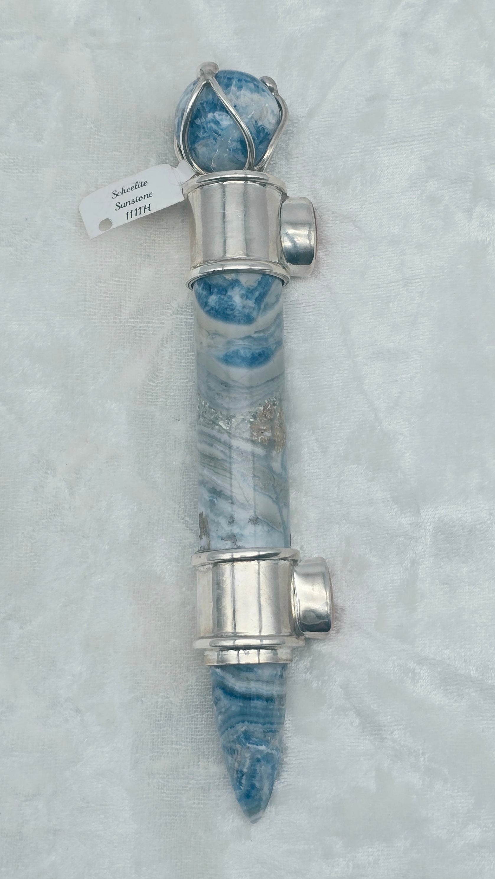 One of a Kind Magic Wand ~ Blue Scheelite with Sunstone Gemstones for Confidence, Manifestation & Strength