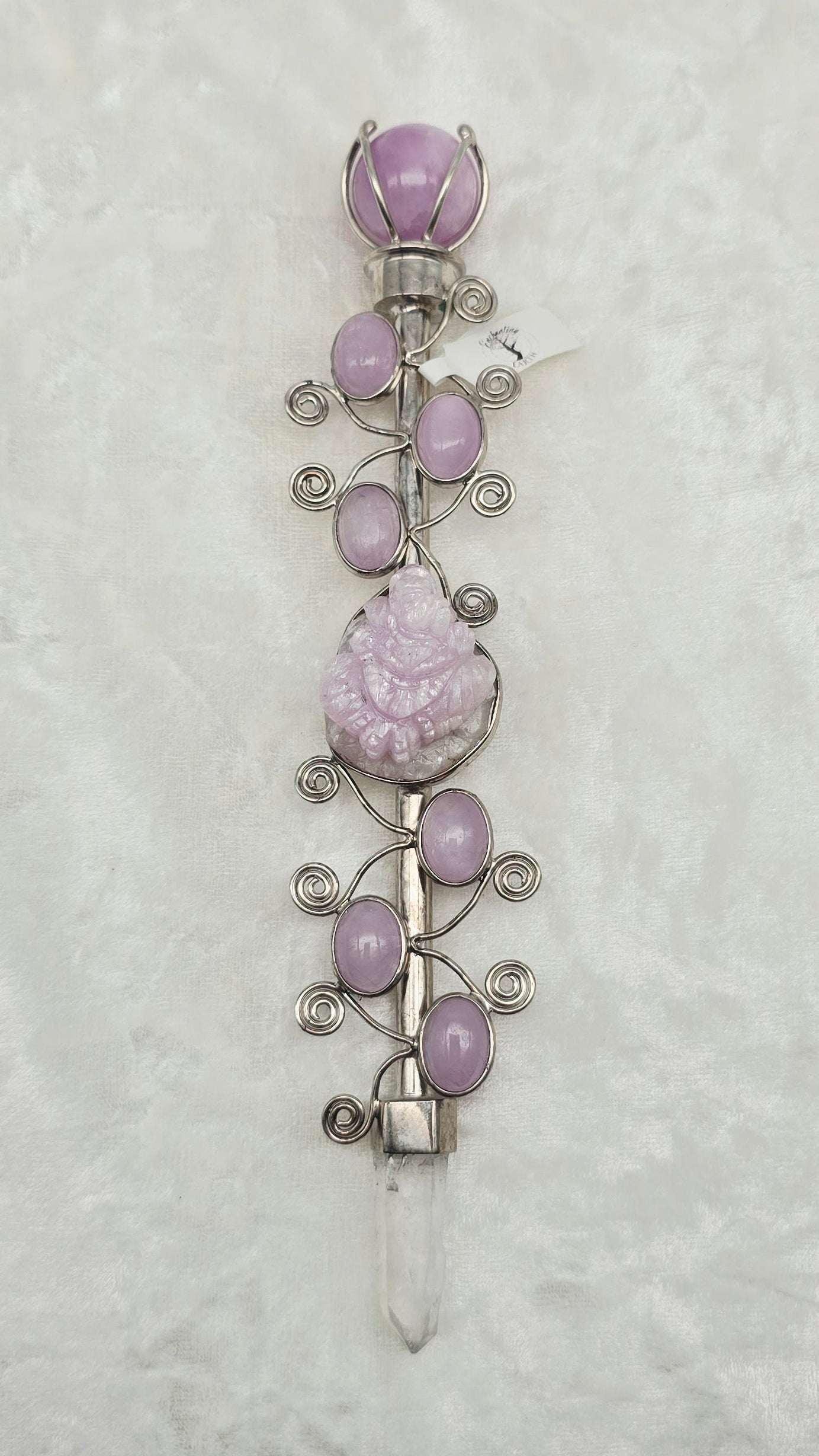 One of a Kind Magic Wand ~ Kunzite Wand with Carved Ganesha and Quartz Point for Transmutation, Heart Healing and Self-Discovery