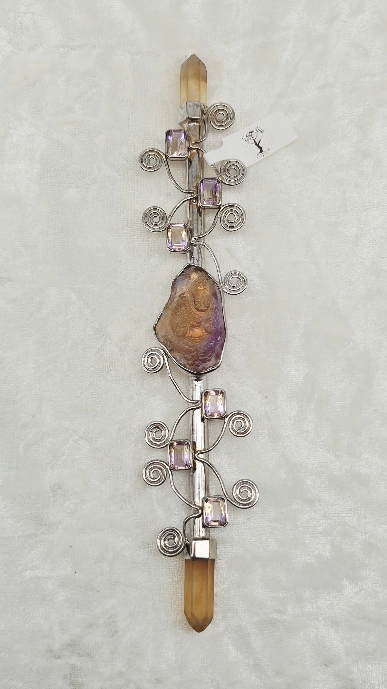 One of a Kind Magic Wand ~ Ametrine Wand with Carved Ganesha and Quartz Points for Divine Guidance, Empowerment and Harmony