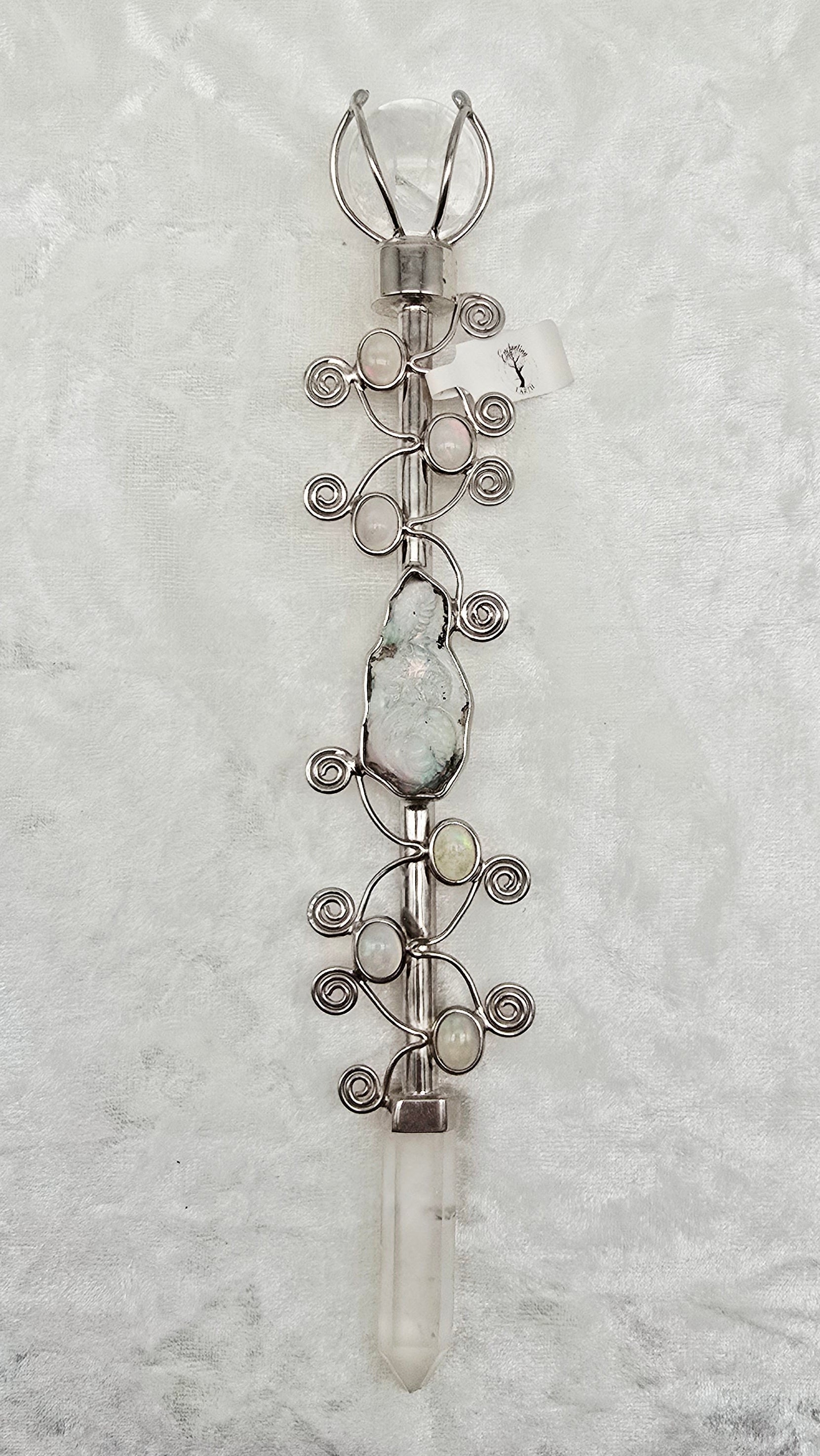 One of a Kind Magic Wand ~ Precious Opal Wand with Carved Dragon, Quartz Sphere and Quartz Point for Energetic Protection and Spiritual Awakening