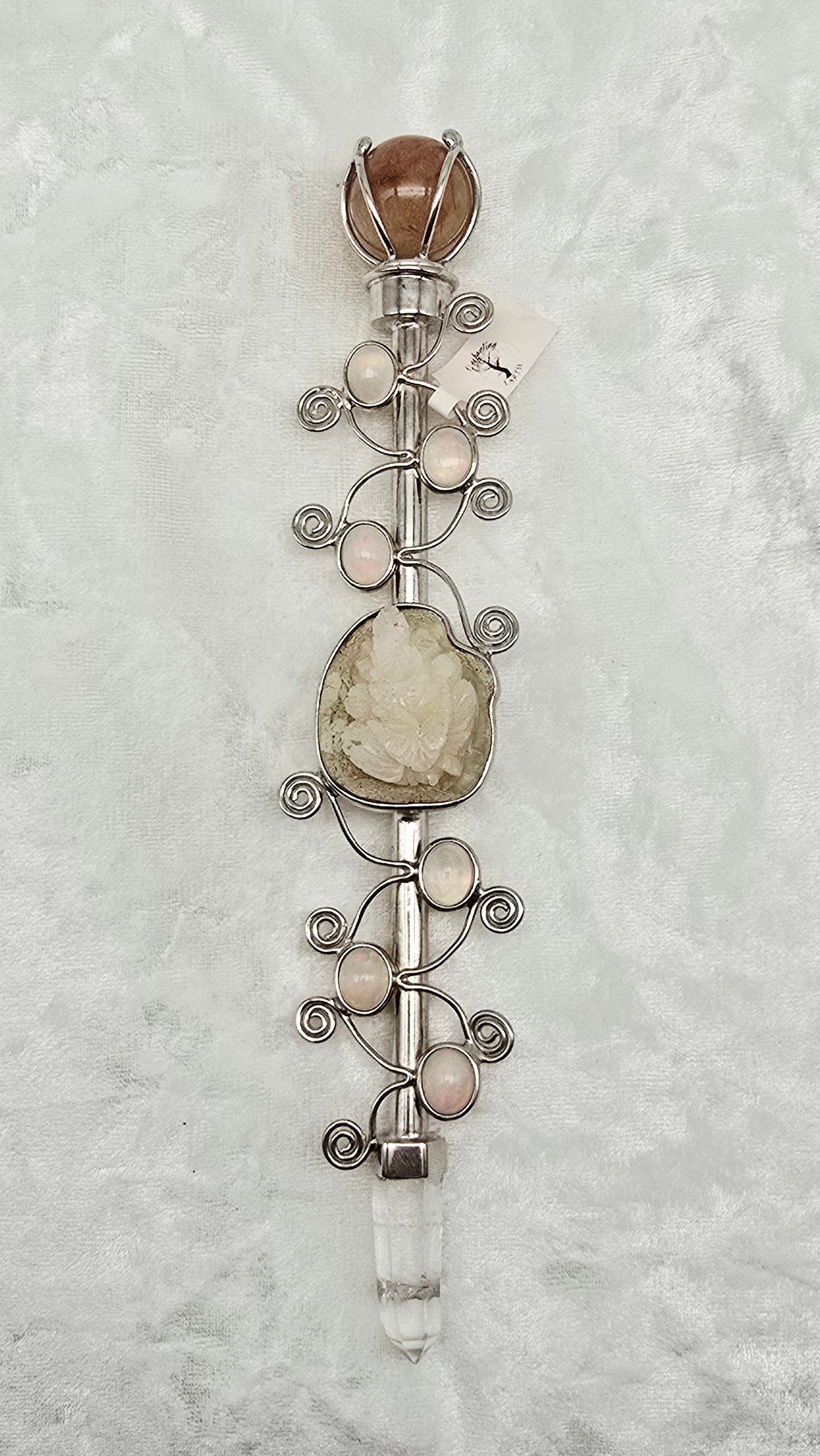 One of a Kind Magic Wand ~ Precious Opal Wand with Carved Ganesha, Gold Rutile Quartz Sphere and Quartz Point for Energetic Protection and Spiritual Awakening
