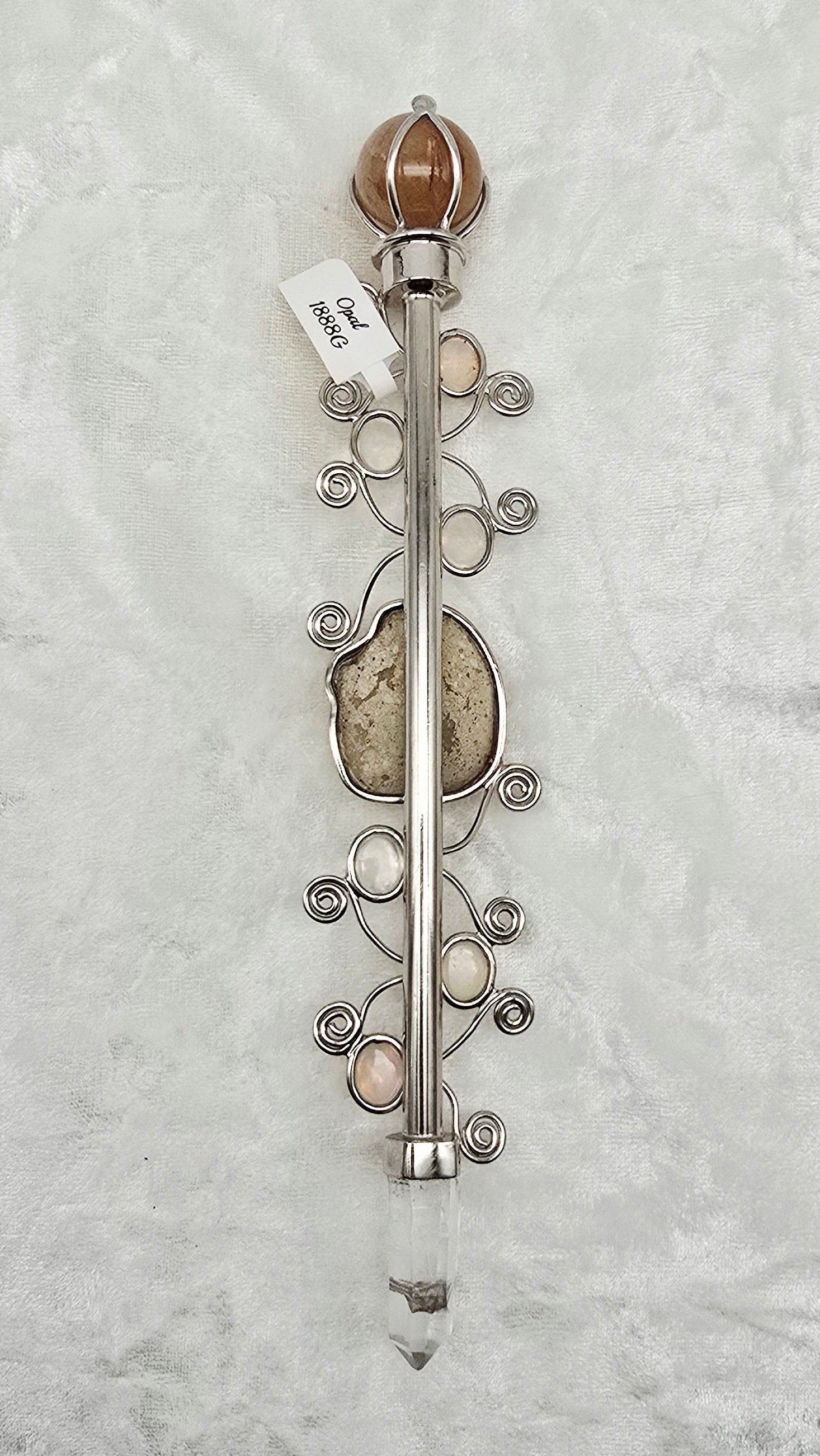 One of a Kind Magic Wand ~ Precious Opal Wand with Carved Ganesha, Gold Rutile Quartz Sphere and Quartz Point for Energetic Protection and Spiritual Awakening