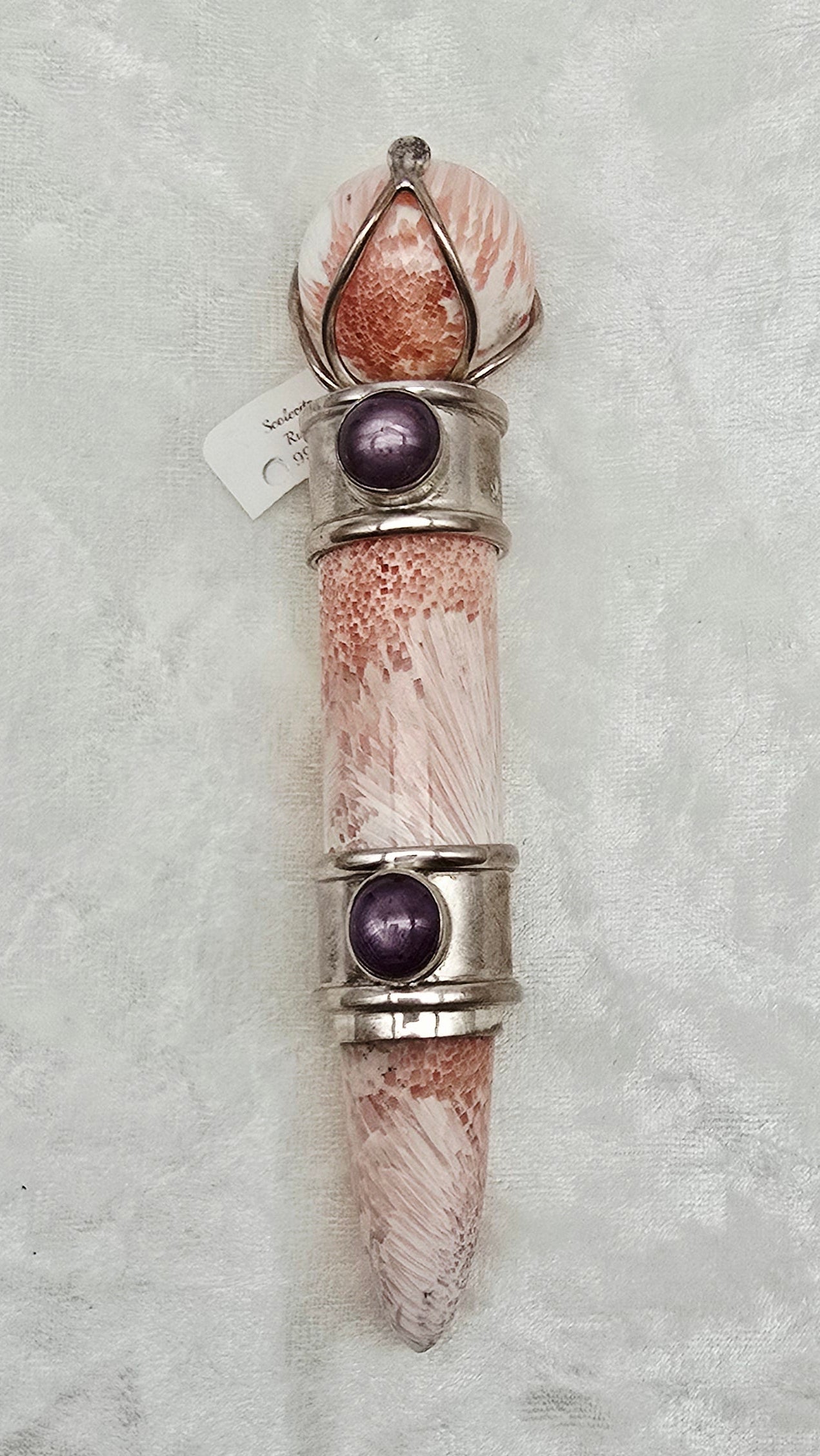 One of a Kind Magic Wand ~ Scolecite & Peach Stilbite with Star Ruby Gemstones for Ascension, Divine Connection and Wisdom