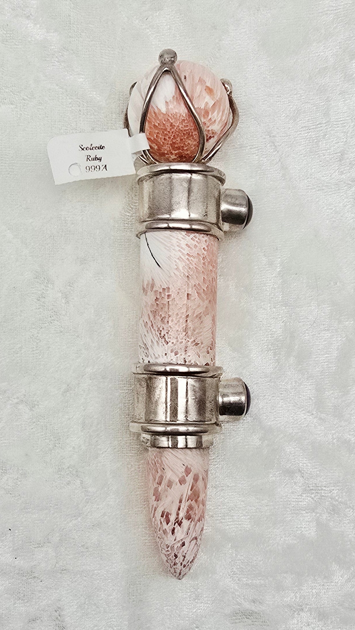 One of a Kind Magic Wand ~ Scolecite & Peach Stilbite with Star Ruby Gemstones for Ascension, Divine Connection and Wisdom