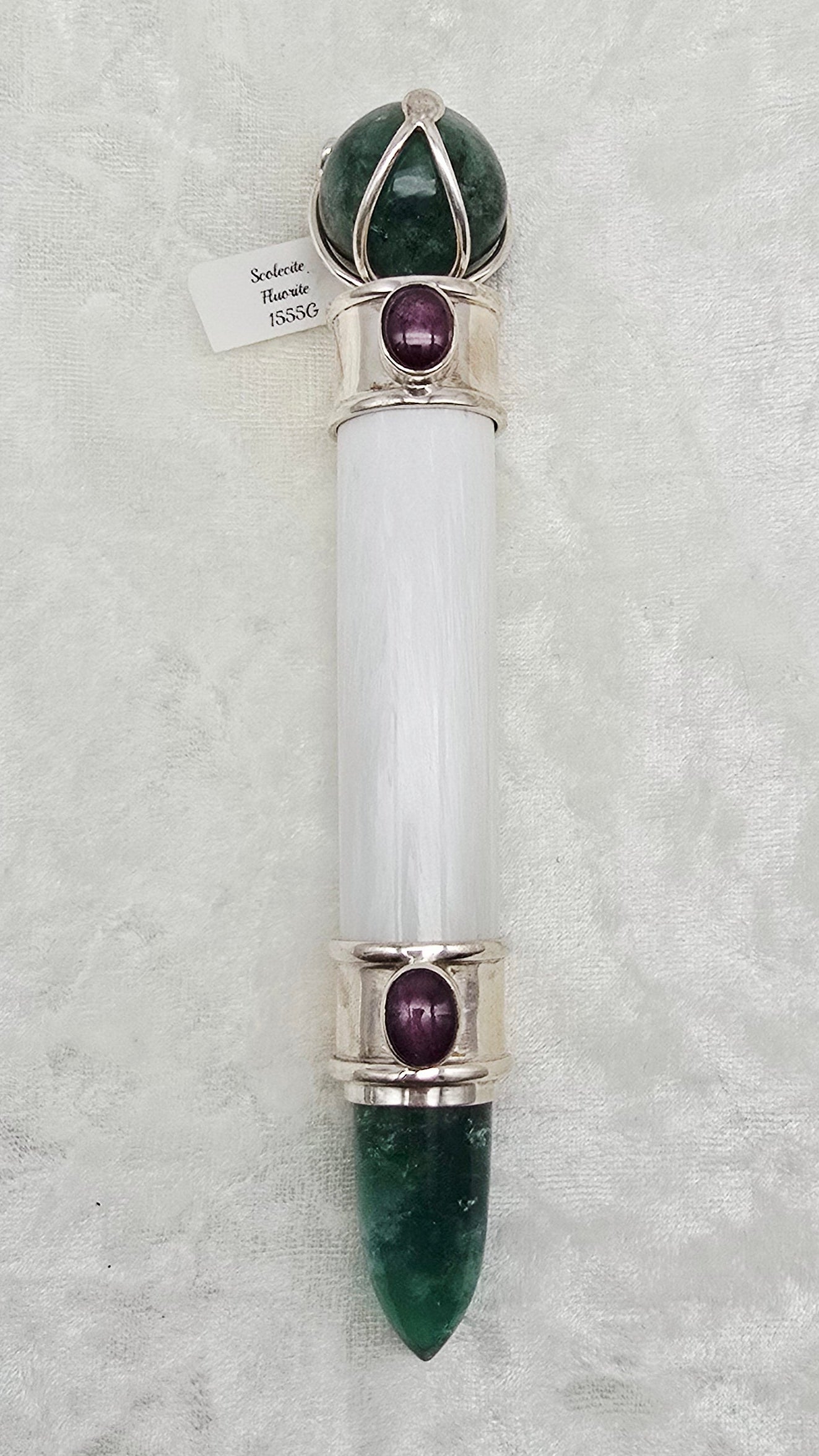 One of a Kind Magic Wand ~ Scolecite Wand with Star Ruby Gemstones, Fluorite Sphere and Point for Ascension, Truth and Wisdom