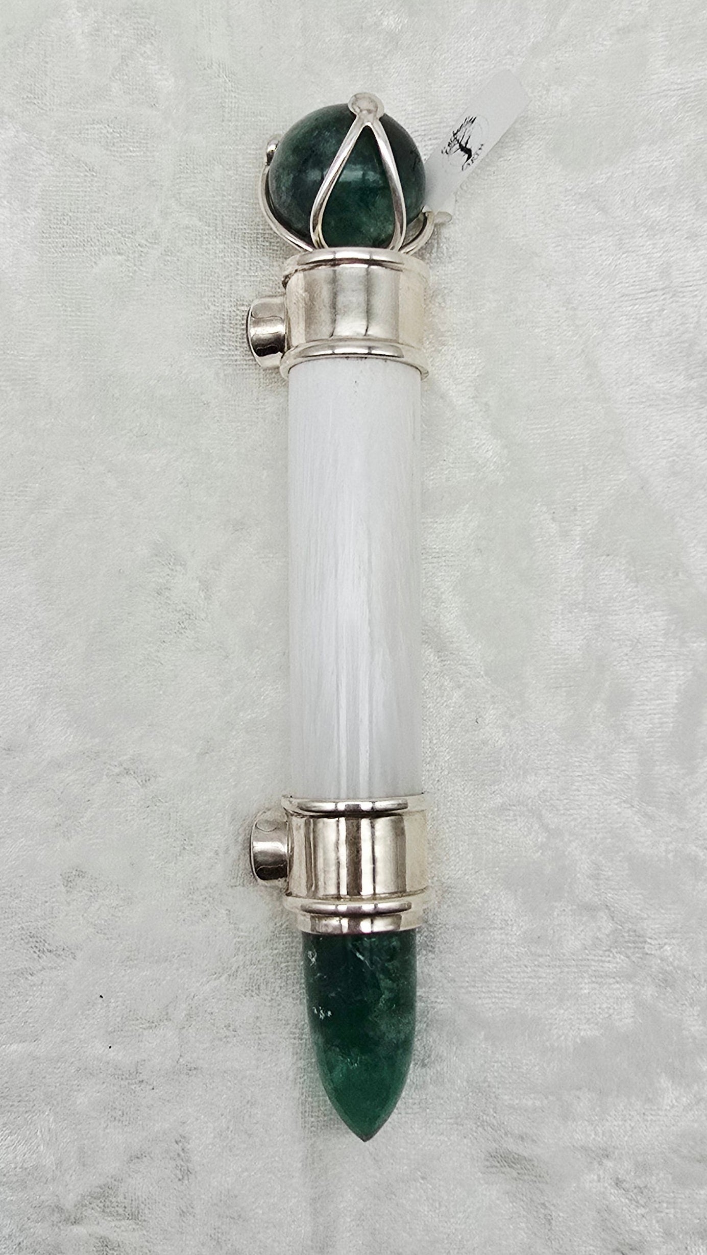 One of a Kind Magic Wand ~ Scolecite Wand with Star Ruby Gemstones, Fluorite Sphere and Point for Ascension, Truth and Wisdom