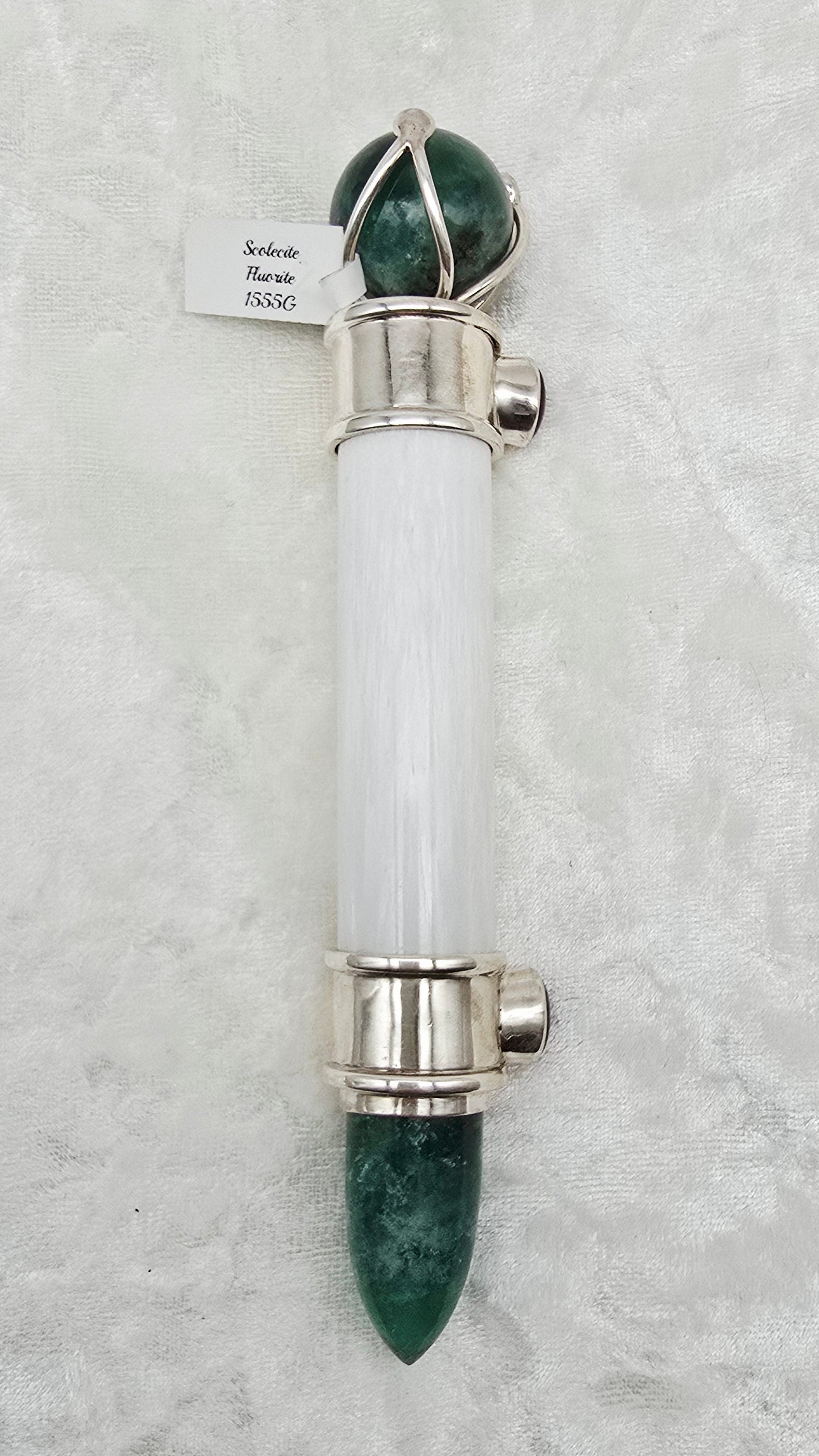 One of a Kind Magic Wand ~ Scolecite Wand with Star Ruby Gemstones, Fluorite Sphere and Point for Ascension, Truth and Wisdom