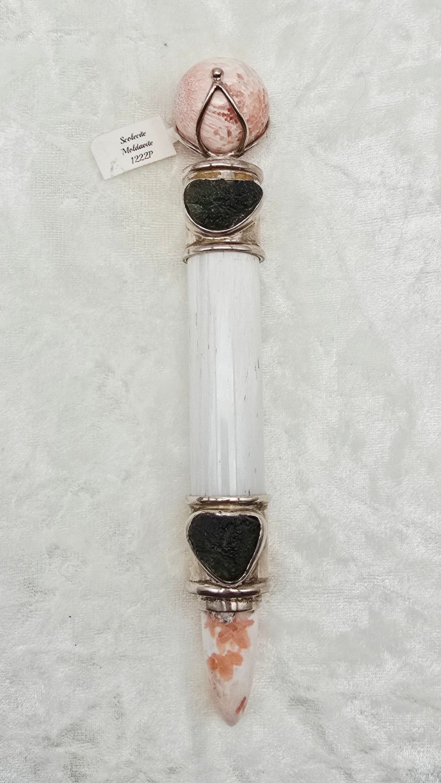 One of a Kind Magic Wand ~ Scolecite Wand with Moldavite for Ascension, Truth and Wisdom