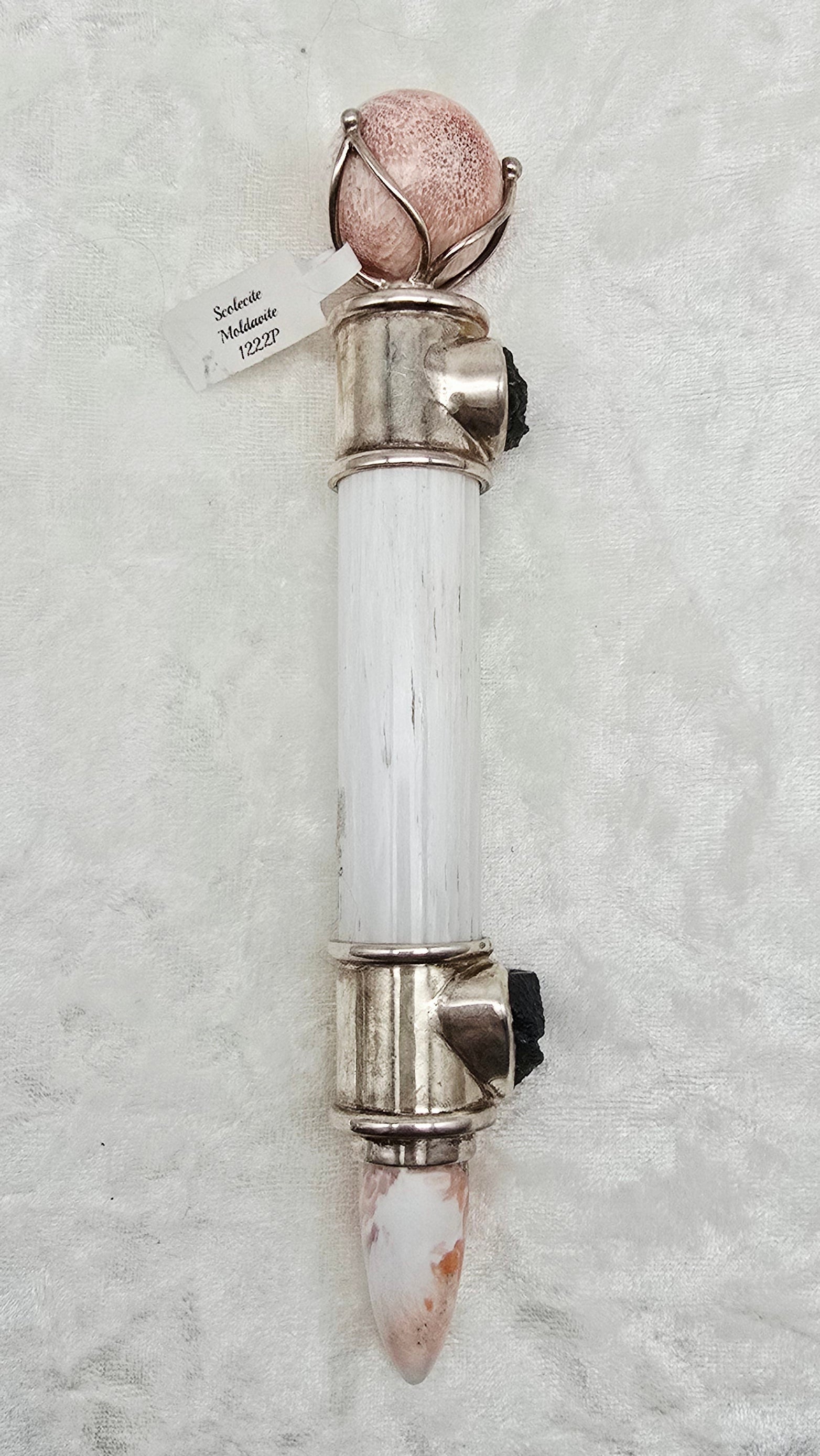 One of a Kind Magic Wand ~ Scolecite Wand with Moldavite for Ascension, Truth and Wisdom