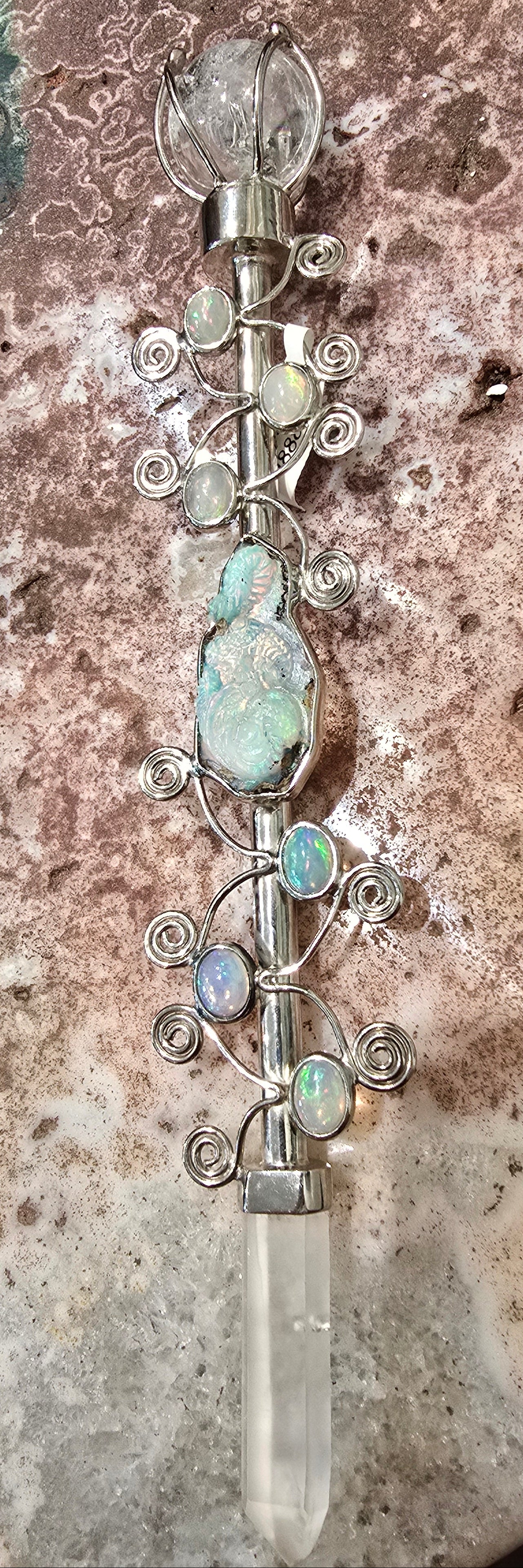 One of a Kind Magic Wand ~ Precious Opal Wand with Carved Dragon, Quartz Sphere and Quartz Point for Energetic Protection and Spiritual Awakening