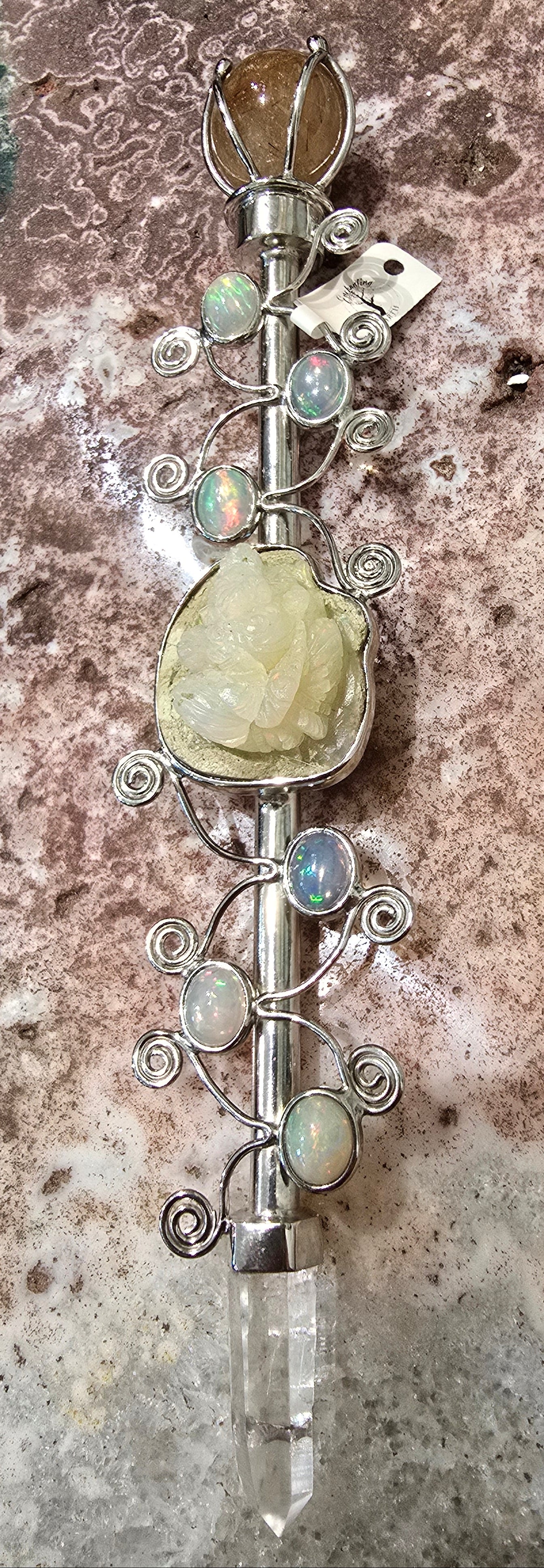 One of a Kind Magic Wand ~ Precious Opal Wand with Carved Ganesha, Gold Rutile Quartz Sphere and Quartz Point for Energetic Protection and Spiritual Awakening