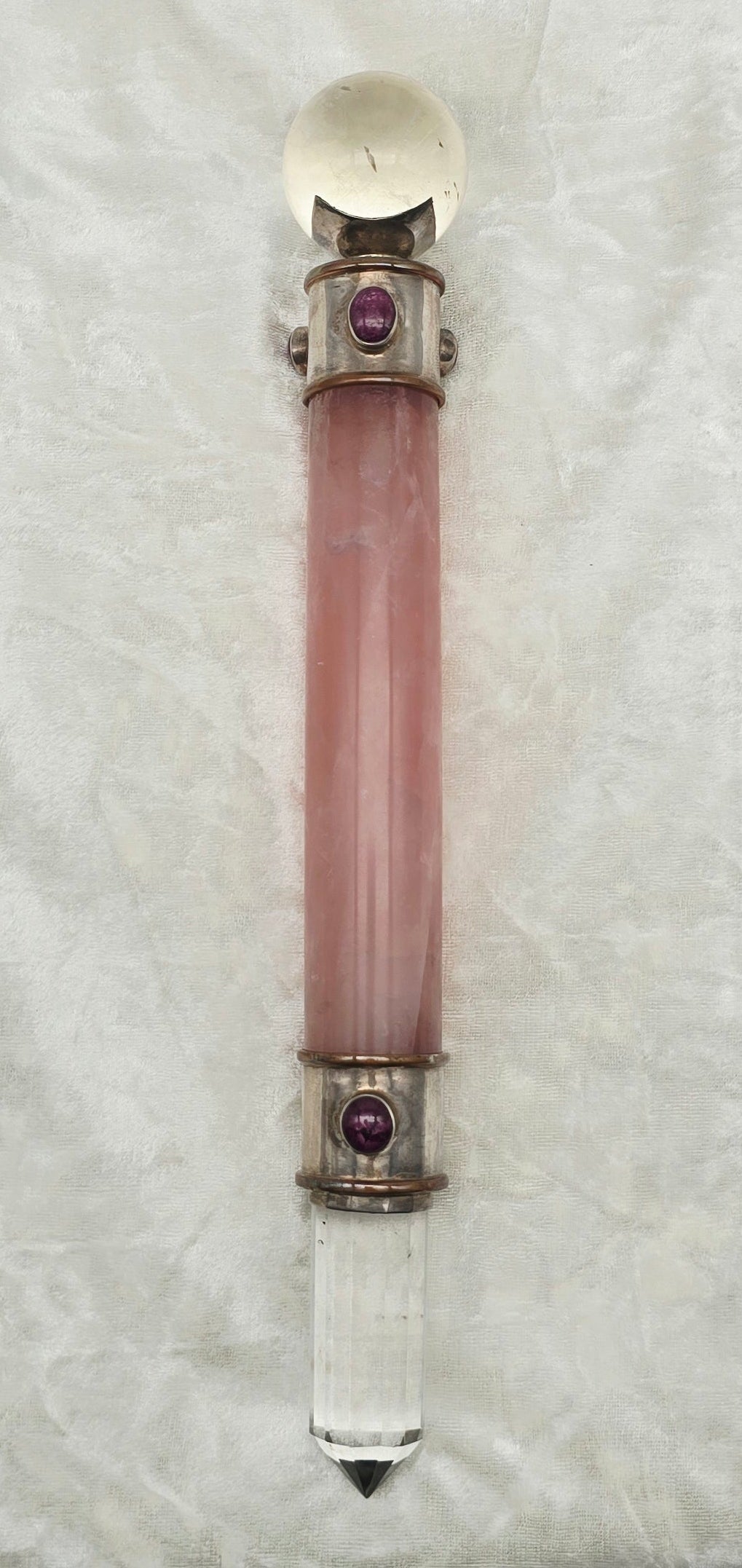 One of a Kind Magic Wand ~ XL Rose Quartz Wand with Star Ruby Gemstones, Quartz Sphere and Vogel Pointfor Inner Wisdom, Transformation and Meditation
