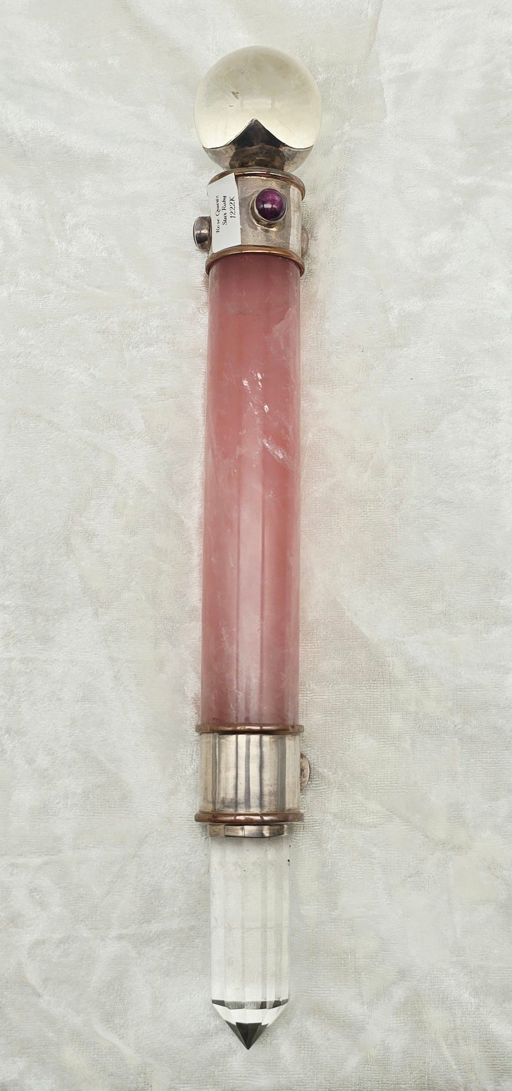 One of a Kind Magic Wand ~ XL Rose Quartz Wand with Star Ruby Gemstones, Quartz Sphere and Vogel Pointfor Inner Wisdom, Transformation and Meditation