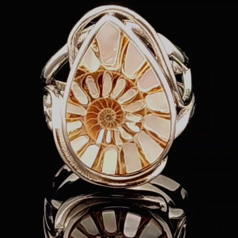 Ammonite with Mother of Pearl Inlay Finger Cuff Adjustable Ring .925 Silver for Calming Emotions, Peace and Protection