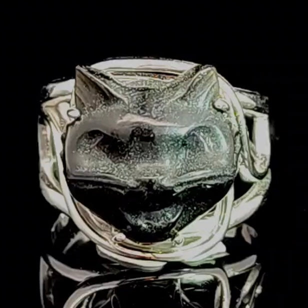 Obsidian Vintage Cat Finger Cuff Adjustable Ring .925 Silver for Transformation, Power and Protection