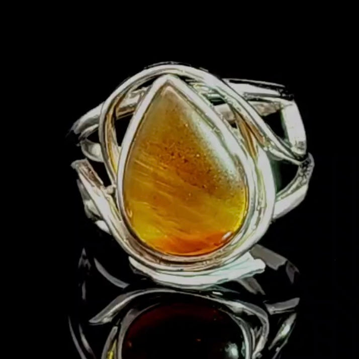 Amber Finger Cuff Adjustable Ring .925 Silver for Manifesting Abundance, Optimism & Purification of Energy