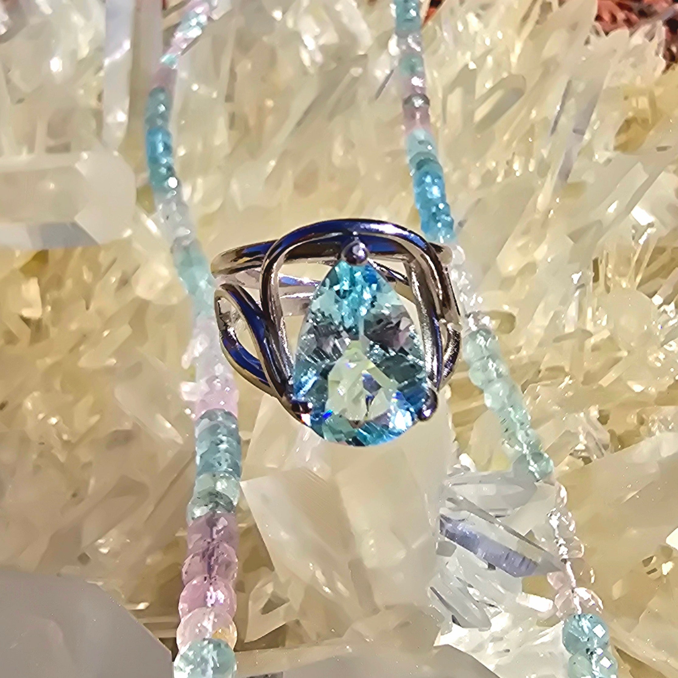 Collector's Charm Holiday Set | Aquamarine & Morganite Fine Jewelry Collection | Ring Necklace + Luxury 7-Chakra Stone Set