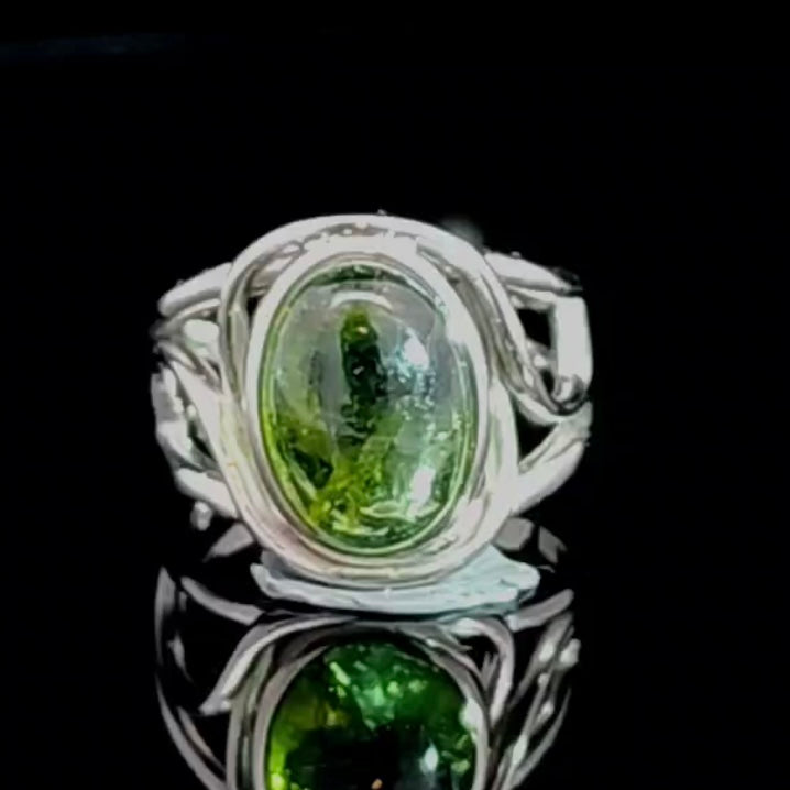 Green Tourmaline Finger Cuff Adjustable Ring .925 Silver for Heart Healing and Positive Energy