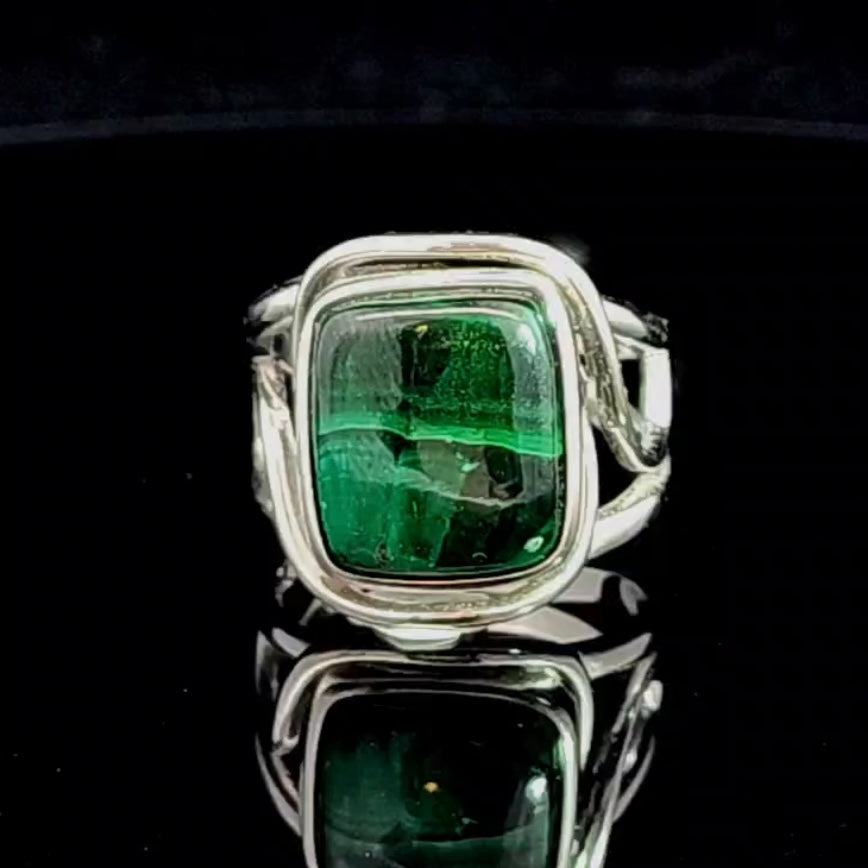 Malachite Finger Cuff Adjustable Ring .925 Silver for Abundance, Luck and Transformation
