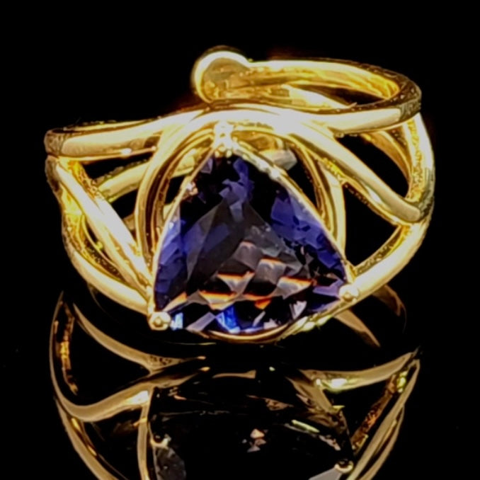 Iolite Adjustable Finger Cuff Ring 18K Solid Gold for Sharpening Intuition and Enhancing Visions