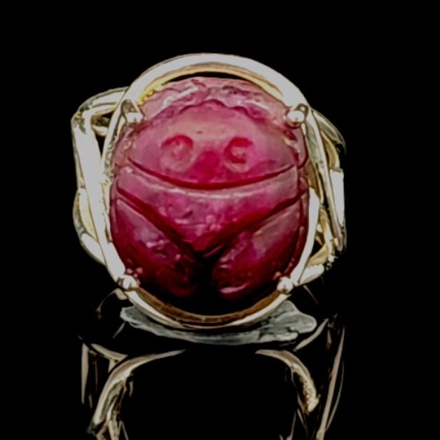 Ruby Scarab Finger Cuff Adjustable Ring .925 Sterling Silver for Passion, Personal Power and Energy