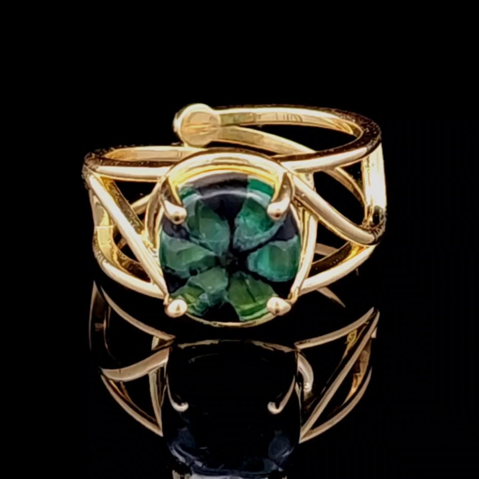 Trapiche Emerald Adjustable Finger Cuff Ring 18K Solid Gold for Health, Love and Accumulating Wealth