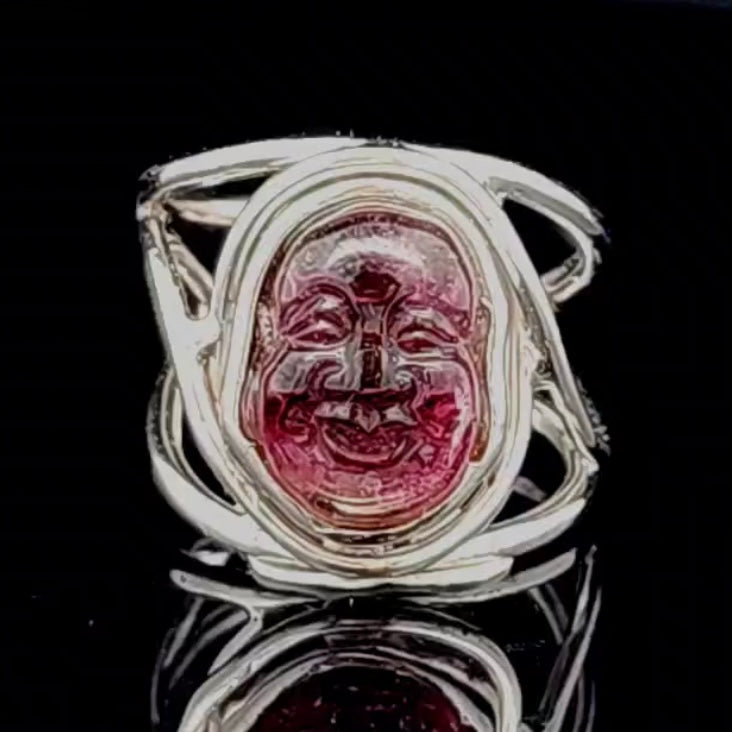 Pink Tourmaline Buddha Finger Cuff Adjustable Ring .925 Silver for Attracting Love, Harmony and Joy