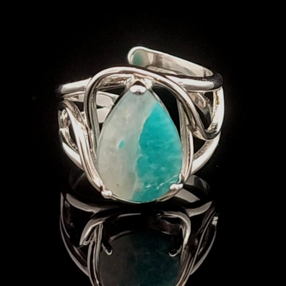 Amazonite in Quartz Adjustable Finger Cuff Ring .925 Silver (High Quality) for Speaking your Truth