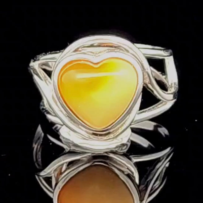 Baltic Butterscotch Amber Heart Finger Cuff Ring .925 Silver for Joy and Optimism