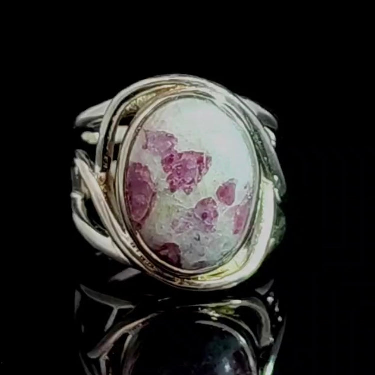 Pink Tourmaline in Quartz Finger Cuff Adjustable Ring .925 Sterling Silver for Emotional Healing, Kindness and Joy