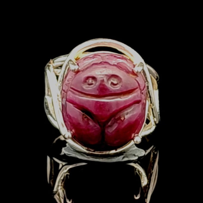 Ruby Scarab Finger Cuff Adjustable Ring .925 Sterling Silver for Passion, Personal Power and Energy