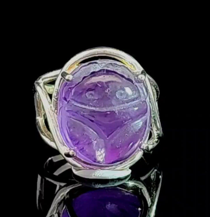 Amethyst Scarab Finger Cuff Adjustable Ring .925 Sterling Silver for Intuition, Protection and Health