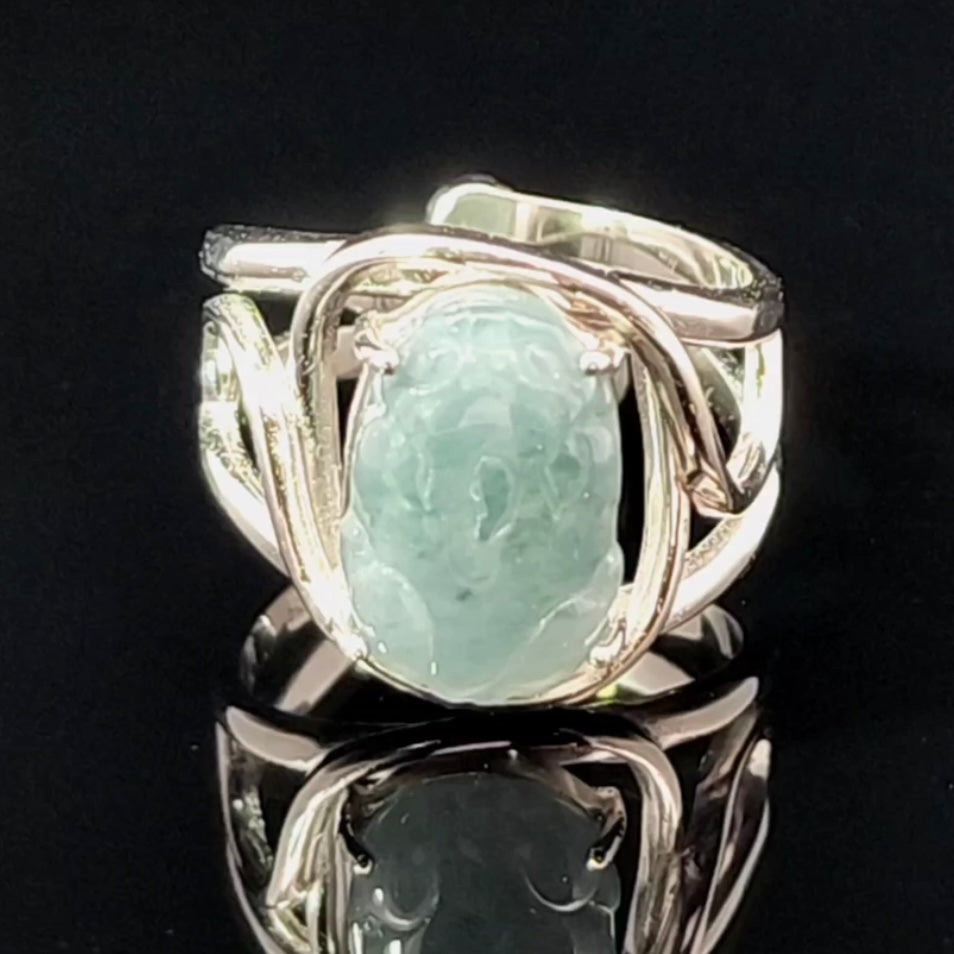Blue Jadeite Pixiu Finger Cuff Adjustable Ring .925 Silver for Spiritual Awareness, Prosperity and Protection