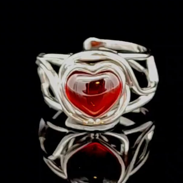 Hessonite Garnet Heart Finger Cuff Adjustable Ring .925 Silver for Manifesting Love and Success in your Career, Protection and Wealth