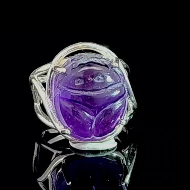 Amethyst Scarab Finger Cuff Adjustable Ring .925 Sterling Silver for Intuition, Protection and Health