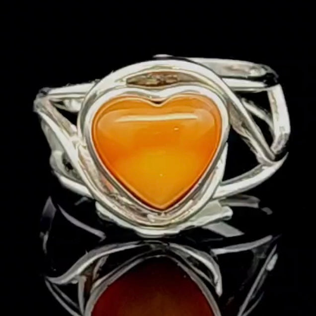 Baltic Butterscotch Amber Heart Finger Cuff Ring .925 Silver for Joy and Optimism