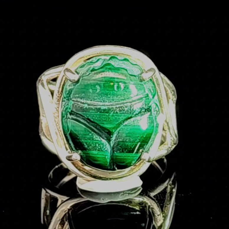Malachite Scarab Finger Cuff Adjustable Ring .925 Sterling Silver for Transformation, Power and Wealth